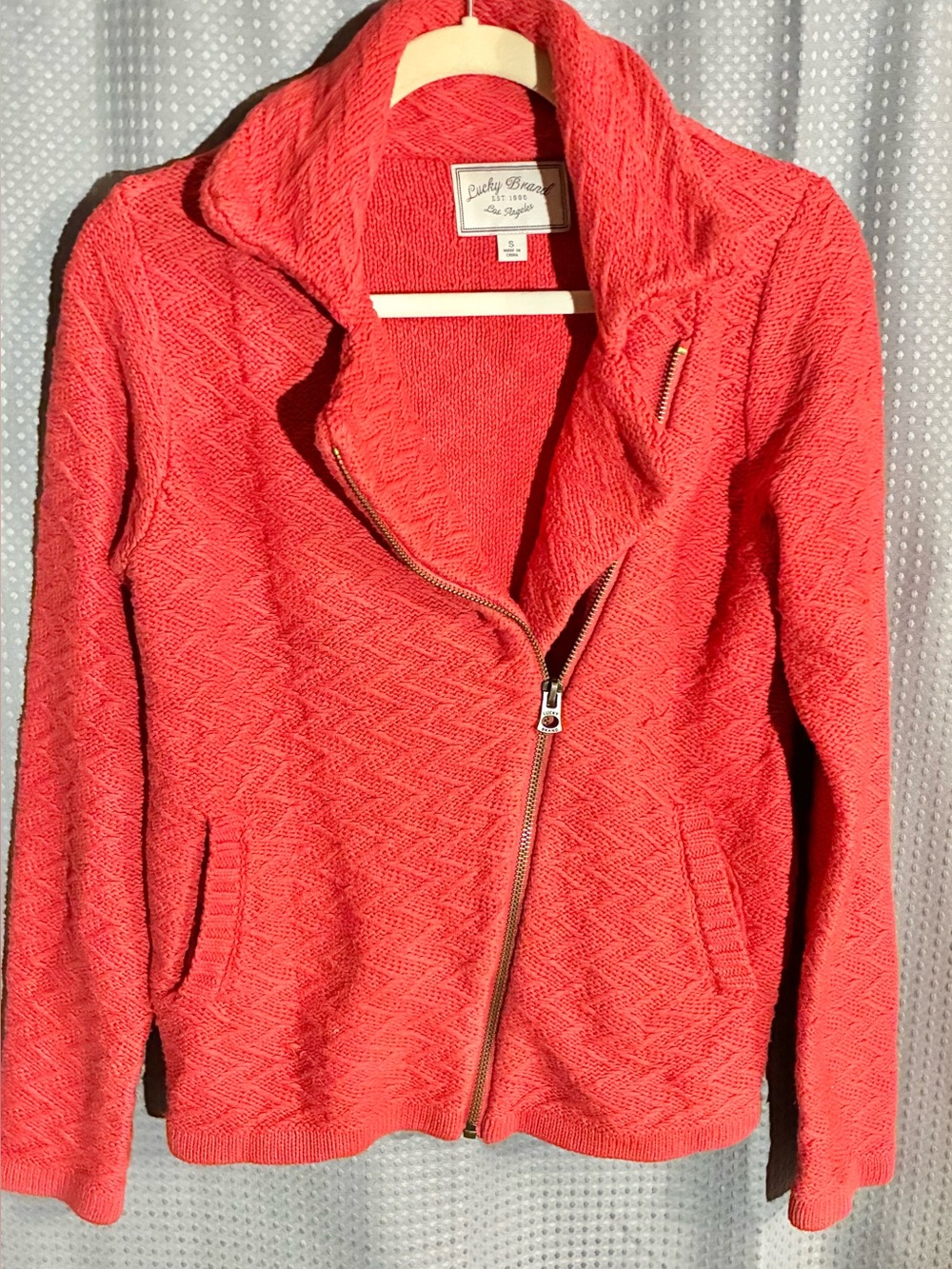 Lucky Brand Sz S Coral Zip-Up Knit Sweater Jacket Motorcycle Thick Outerwear